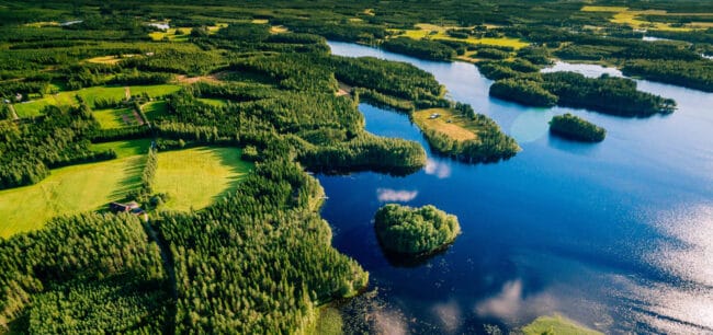 Blick auf einen See von oben.